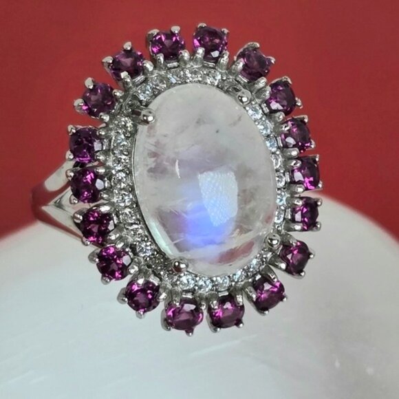 925 Sterling Silver Ring with Natural Moonstone & Rhodolite Garnet Gems - Picture 1 of 12